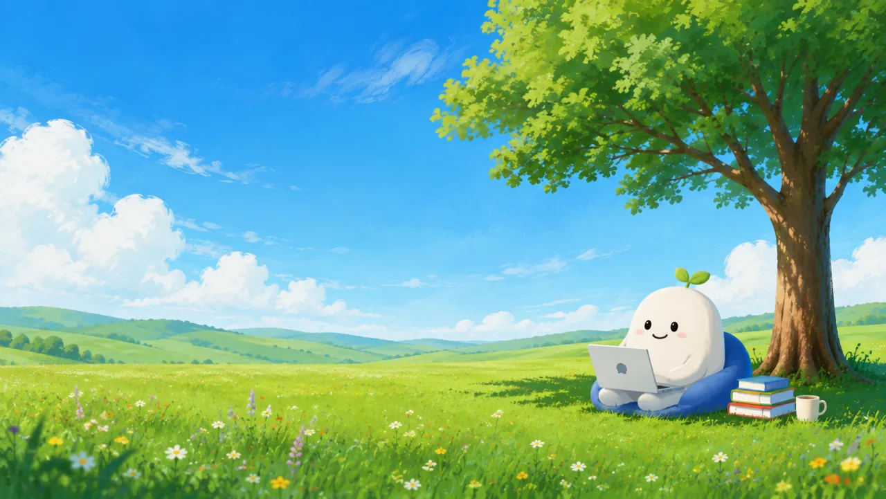 The JagatRangkum mascot writing meeting notes on a laptop in a sunny meadow